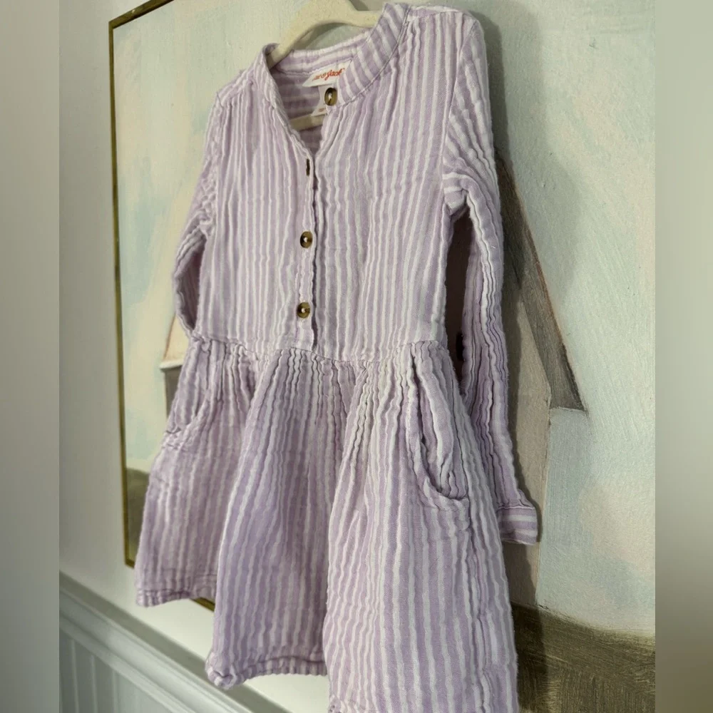 CAT & JACK Long Sleeve Button Up Gauzy Striped Toddler Dress, Lavender Size 3T